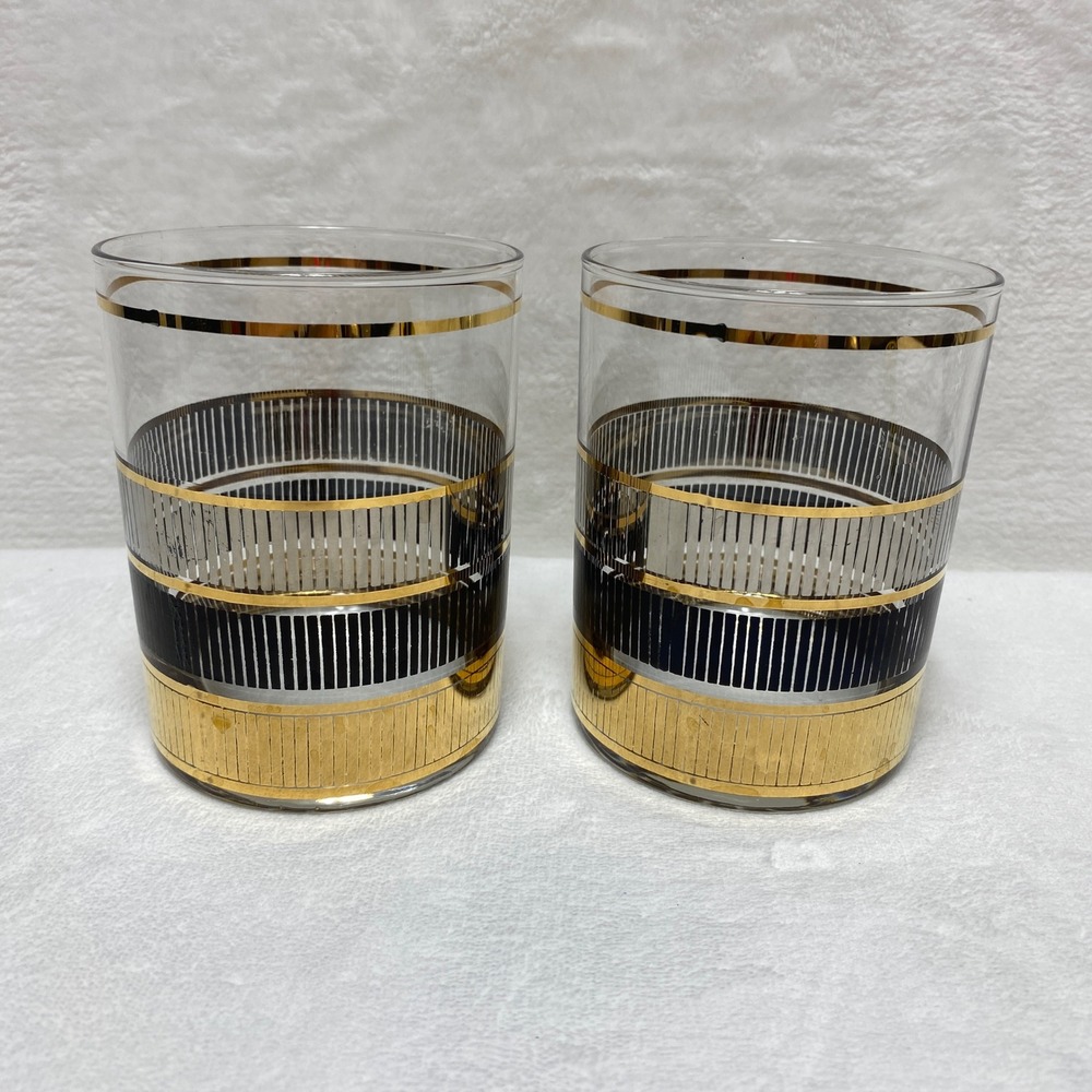 Culver Devon Black Set of 2 VTG Lowball Glasses 22k Gold Glasses MCM Old Fashion